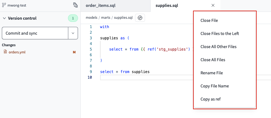 Right-click a tab to view the Editor tab menu options Right-click a tab to view the Editor tab menu options